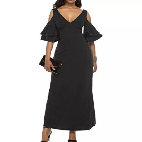 Women's Sultry V-Neck Flounce Sleeves Cold Shoulder Elegant Sexy Maxi Dress - Picture 2 of 6